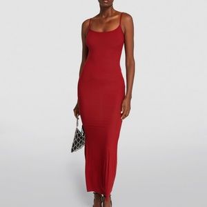 ✨ SALE✨EUC Skims Soft Ribbed Lounge Long Slip Maxi Dress Brick Red Wine Knit Sof